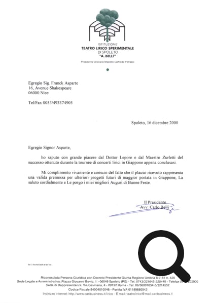 Lettre de remerciement de Carlo Belli, président du "Teatro Lirico Sperimentale di Spoletto", pour le succès remporté lors des concerts au Japon